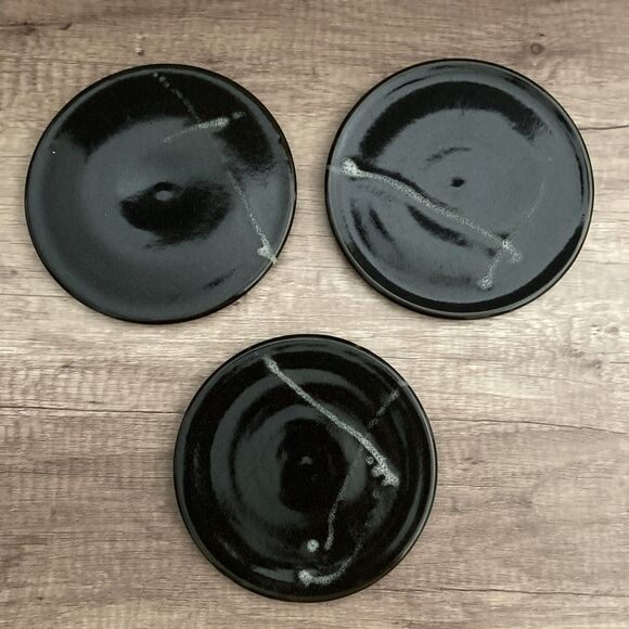 Art Pottery Small Flat Plates Set of 3 Black Glossy Fine Dining Sushi Plate - Picture 1 of 10